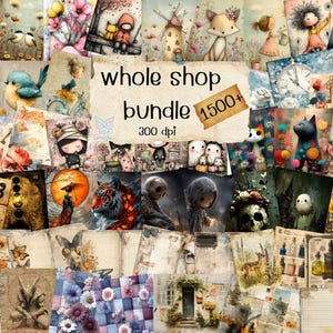 May include: A collection of digital art prints featuring various whimsical illustrations. The images include animals, flowers, and fantasy characters. Text on the image reads "whole shop bundle 1500+" and "300 dpi".