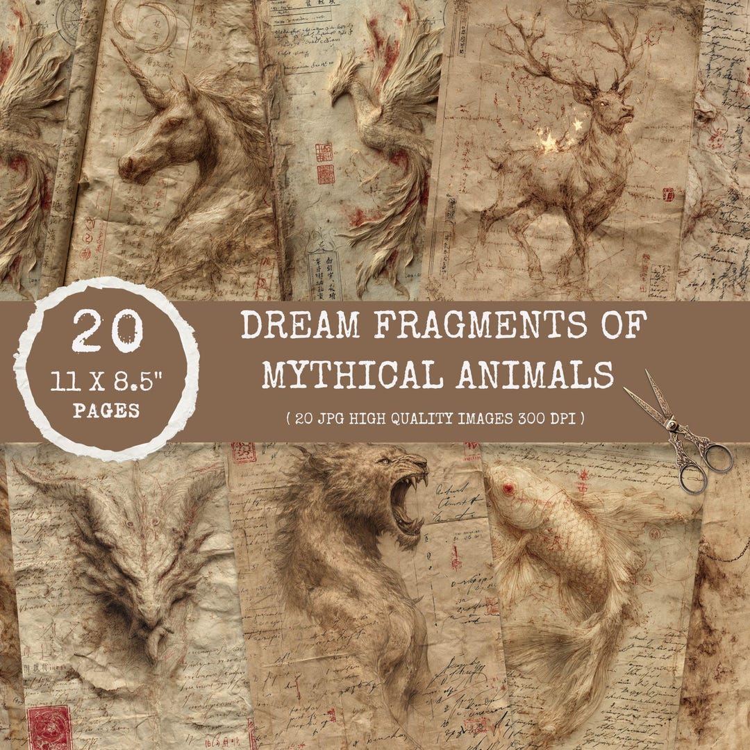 Mythical Animals Junk Journal Pages: Dragon, Griffin, Unicorn (digital ...