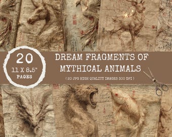 Mythical Animals Junk Journal Pages: Dragon, Griffin, Unicorn (Digital Download)