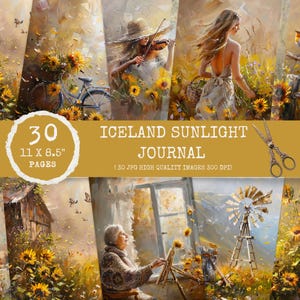 Iceland Sunlight Journal – Edizione con pittura a olio di girasole, pagine effimere stampabili, arte stampabile islandese, diario collage vintage, carta