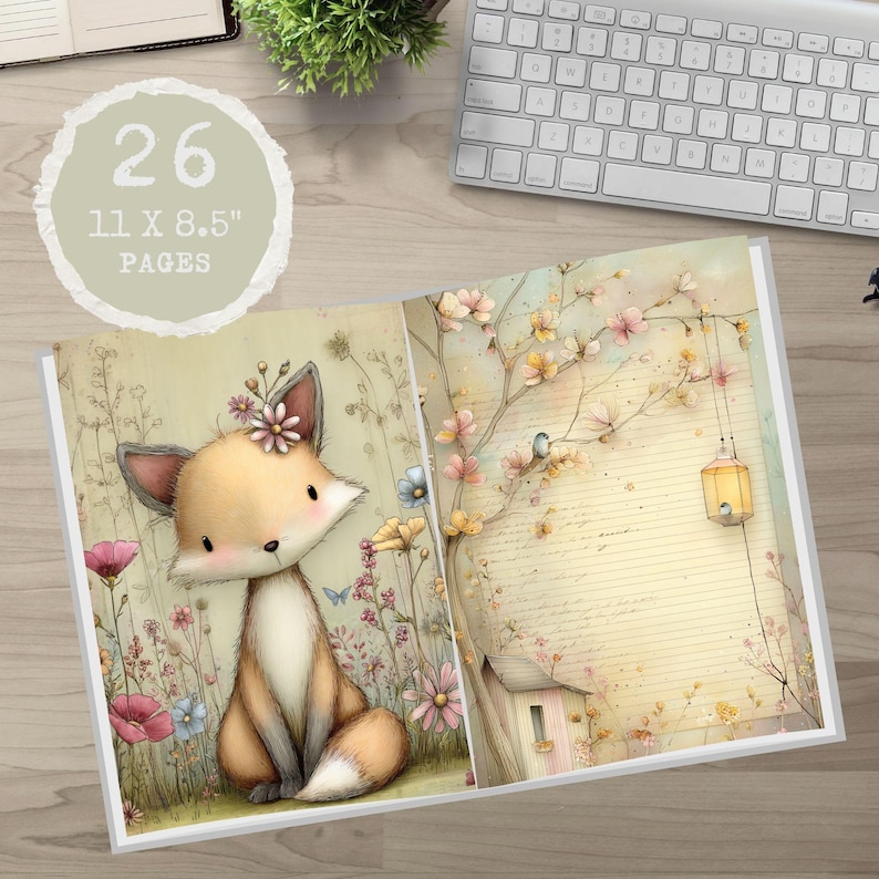 May include: An open journal featuring a fox illustration and floral elements. The journal has 26 pages and measures 27.9 x 21.6 cm. The right page shows a tree with flowers and a small house.