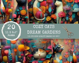 Cozy Cats & Dream Gardens – Printable Junk Journal Pages, digital collage sheets, cat junk journal, cat lover printable, printable cat art