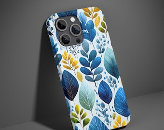 Blue Botanical Watercolor Leaves Phone Case Design (Digital Download)