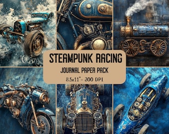 Steampunk Racing Ephemera: Blue Grunge Junk Journal Pages (Digital Download)