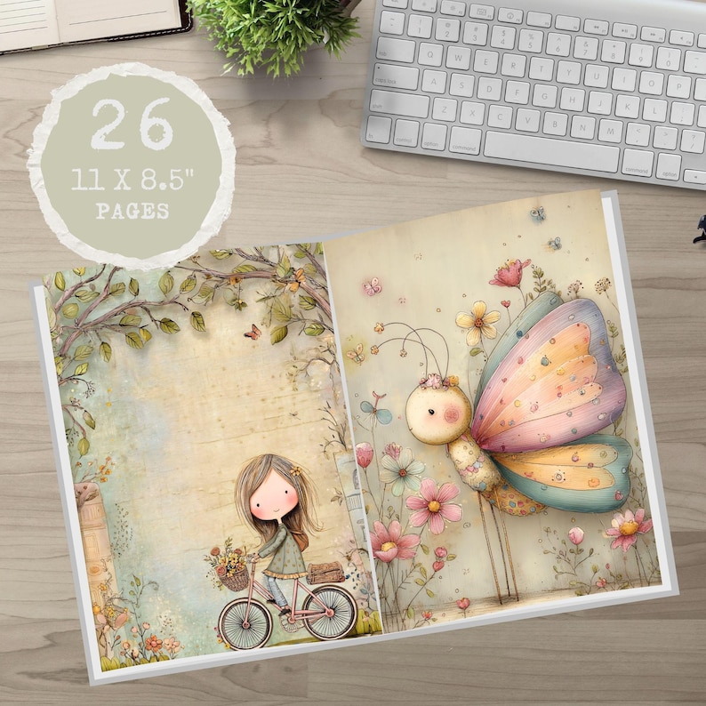 May include: Open notebook with 26 pages, measuring 28 x 21.6 cm. The pages feature whimsical illustrations of a girl on a bicycle and a butterfly with colorful wings, surrounded by flowers and foliage. The notebook is open on a wooden surface.