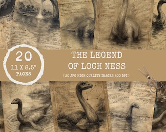 The Legend of Loch Ness – Full Page Bestiary Scrolls, Loch Ness Monster, journal, Vintage Monster, junk journal, junk journal printables