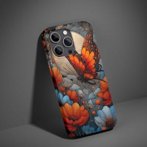 May include: A phone case featuring a vibrant butterfly design. The case showcases a large orange and black butterfly set against a backdrop of flowers in shades of orange, blue, and white. The design includes a full moon and a cloudy sky.