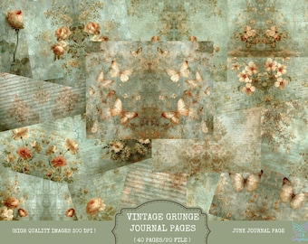 May include: A collage of vintage-style journal pages with a distressed, aged aesthetic. The design features floral elements, butterflies, and handwritten script on a teal and brown background. The text reads "VINTAGE GRUNGE JOURNAL PAGES" and "JUNK JOURNAL PAGE".