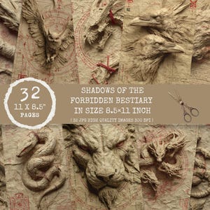 Könnte beinhalten: Eine Sammlung von 32 hochwertigen Bildern, jeweils 21,6 x 27,9 cm, mit detaillierten Illustrationen von Fabelwesen. Die Bilder sind auf gealtertem Papier mit einem kartenartigen Hintergrund gedruckt. Der Titel "Shadows of the Forbidden Bestiary" wird angezeigt.