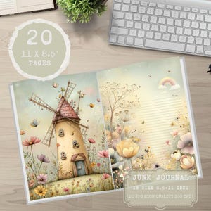 May include: Open junk journal with a windmill illustration and lined pages. The journal is 21.6 x 27.9 cm and contains 20 pages. The cover features a watercolor design with flowers, butterflies, and a rainbow.