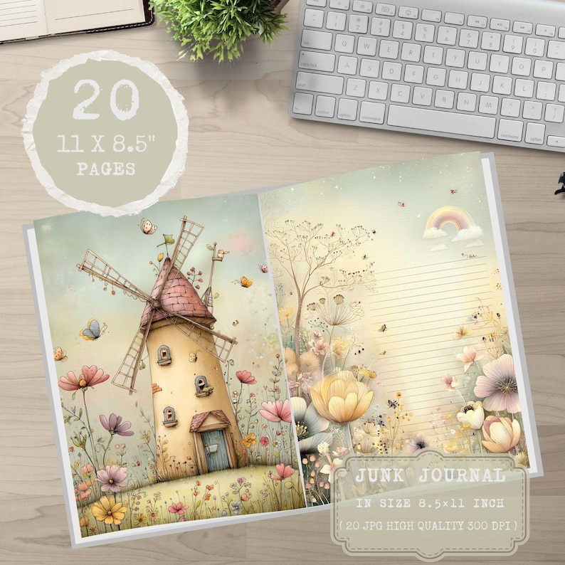May include: Open junk journal with a windmill illustration and lined pages. The journal is 21.6 x 27.9 cm and contains 20 pages. The cover features a watercolor design with flowers, butterflies, and a rainbow.