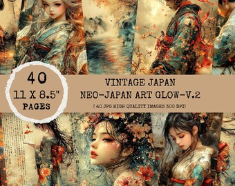 Japanese Junk Journal Pages: Samurai, Kimono, Sword Art (Digital Download, 40 JPGs)