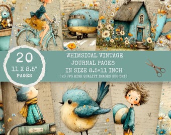Whimsical Vintage Junk Journal Pages, Printable Girls & Animals Ephemera, Storybook Scrapbook Paper, Digital Download