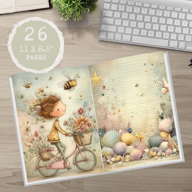 May include: Open journal with 26 pages, measuring 28 x 21.6 cm. The left page shows a girl on a pink bicycle with flower baskets, surrounded by bees. The right page has a beach theme with seashells and starfish.