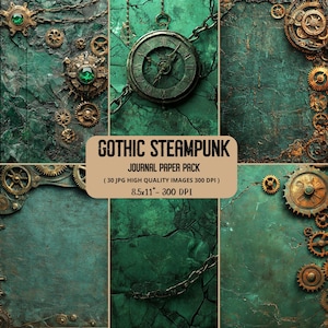 以下が含まれることがあります： ティールとブロンズの、スチームパンクをテーマにしたジャーナルペーパーのコラージュ。デザインには歯車、チェーン、懐中時計が含まれています。「GOTHIC STEAMPUNK JOURNAL PAPER PACK」というテキストが表示されています。各画像は21.59 x 27.94 cmです。