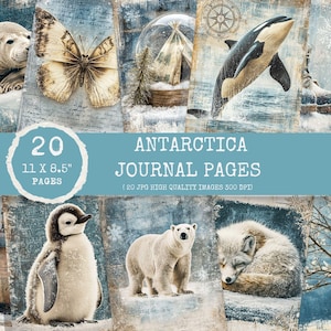 Op de afbeelding: Een collage van 20 Antarctica-dagboekpagina's, elk 27,9 x 21,6 cm groot. De pagina's bevatten afbeeldingen van een vlinder, een sneeuwbol met een tipi, een kompas, een orka, een pinguïn, een ijsbeer en een slapende vos. De tekst luidt "Antarctica Journal Pages."