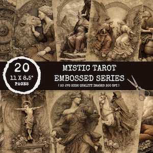 May include: A collection of 20 Mystic Tarot embossed series pages, each 11 x 8.5 inches. The images feature vintage-style illustrations of figures, angels, and mythical creatures in sepia tones, with ornate details and a textured appearance.