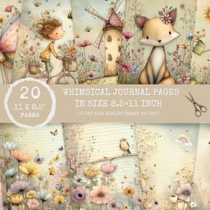 May include: A set of 20 whimsical journal pages, each 21.6 x 27.9 cm, with illustrations of a girl on a bicycle, a fox, a windmill, and flowers. The pages have a soft, pastel colour palette with the text "WHIMSICAL JOURNAL PAGES IN SIZE 8.5x11 INCH".