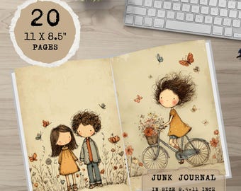 Pode incluir: Um Junk Journal com 20 páginas, medindo 21,6 x 27,9 cm. O diário apresenta ilustrações caprichosas de crianças, borboletas e flores. A capa tem uma estética vintage.