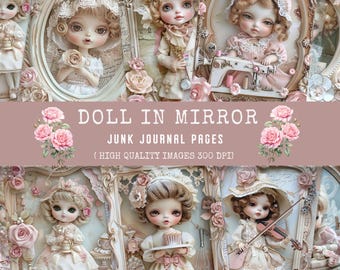 Doll in Mirror Ephemera, Scrapbook Paper Kit, Seamstress Printable, Junk Journal Pages, Vintage Dolls Digital Papers, Dolls Printables