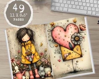 Watercolor Girl Journal Pages: Dreamy Floral Ephemera (Digital Download, 49 JPGs 17x22 inches)