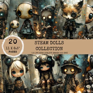 Steampunk Ghost Kid, Steam Dolls Printable Art Set, Creepy Cute Chibi Dolls in Rusty Steampunk Horror Style, Digital Download, Junk journal
