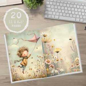 May include: A notebook with 20 pages, measuring 27.9 x 21.6 cm. The open pages feature a whimsical illustration of a child flying a kite in a field of flowers. The right page has lined paper with floral accents.