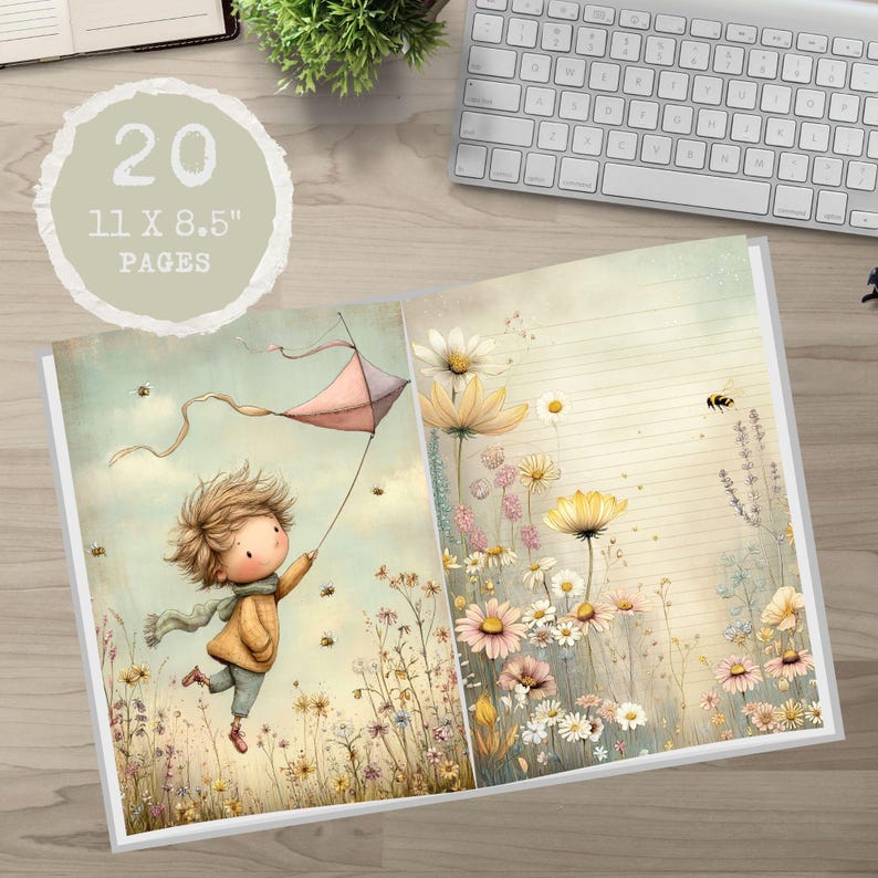 May include: A notebook with 20 pages, measuring 27.9 x 21.6 cm. The open pages feature a whimsical illustration of a child flying a kite in a field of flowers. The right page has lined paper with floral accents.