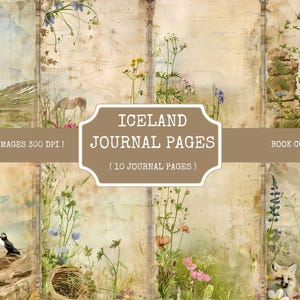 Pagine di diario della campagna islandese, pagine di diario dell'Islanda stampabili, pagine di diario di scarto, fogli di collage per album di ritagli, pagine di diario floreali