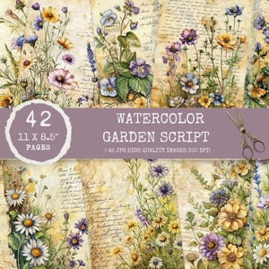 Páginas de diário de flores em aquarela – Papel de carta botânico vintage para impressão, Folha de itens efêmeros de jardim manchados de chá, diário de lixo
