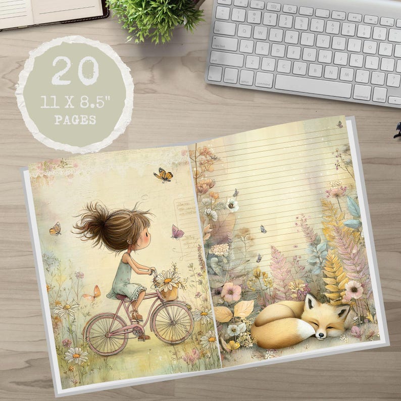 May include: Open notebook with a whimsical illustration of a girl cycling through a field of flowers, with a sleeping fox. The notebook has 20 pages and measures 27.9 x 21.6 cm. The pages are lined.