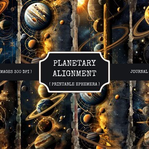 May include: A collection of digital art featuring planets with rings, moons, and celestial bodies. The images have a dark, cosmic theme with gold and orange hues. Text on the image reads "PLANETARY ALIGNMENT" and "JOURNAL PAGES".