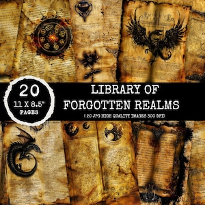 Könnte beinhalten: Eine Sammlung gealterter Pergamentseiten mit Illustrationen von Drachen, Phönixen und anderen Fantasy-Elementen. Der Text "LIBRARY OF FORGOTTEN REALMS" wird zusammen mit der Zahl "20" und den Abmessungen "11 x 8,5" Seiten angezeigt.