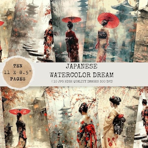 Japanese Watercolor Girl Clipart: Asian Art for Junk Journal (Digital Download)