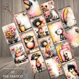 Puede incluir: Una colección de tarjetas de diario ilustradas con varios diseños, incluyendo una mariposa, un búho, una niña con globos y un oso de peluche. Las tarjetas presentan fondos de acuarela rosa, amarillo y naranja con elementos florales y caprichosos. Un par de tijeras está en la esquina superior izquierda.