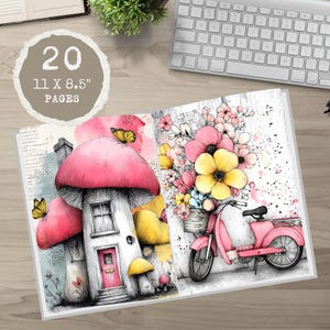 May include: Open coloring book with whimsical illustrations. The left page features mushroom houses and butterflies. The right page shows a pink scooter with a basket of flowers. The book is 11 x 8.5 inches and has 20 pages.