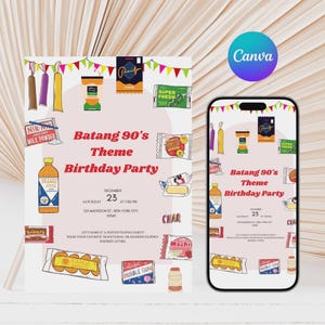 Batang 90&#39;s Birthday Invitation | Filipino Theme Party | Digital 90s Kids Invite | Editable Canva Template | Filipino Gathering Decor