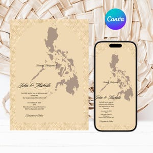 May include: A wedding invitation with a map of the Philippines, featuring the names "John & Michelle" in elegant script. The invitation includes event details and is displayed on a smartphone and a printed card, both with a woven texture background.