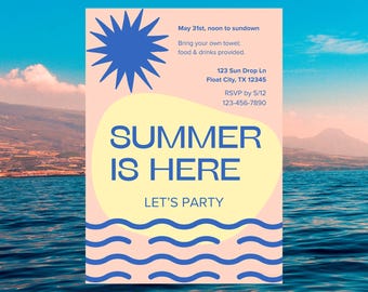 Invitación a fiesta de verano en la piscina: Plantilla editable de Canva (descarga digital de 5x7)