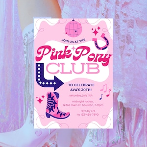 Pink Pony Club Party Invite | Pink Pony Birthday Party| Pink Disco Birthday Invitation | Pink Birthday | Canva Editable Template 5x7