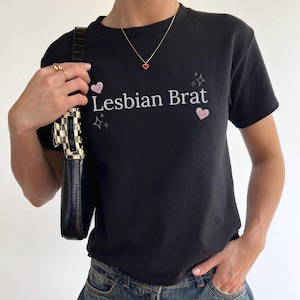 Lesbian Brat Y2k Baby Tee T-shirt for Queer and Sapphic Pride outfits for LGBTQ Gifts WLW shirt