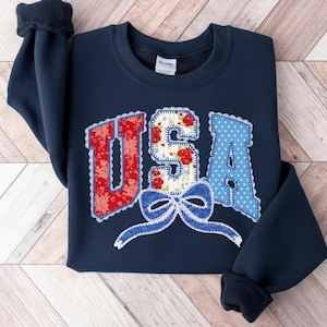 Usa Patchwork Quilted Applique Digital Design, Patriotic Americana svg png eps jpg, Faux Embroidery Fourth of July Clipart for Crafters