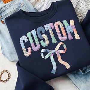 Custom Name PNG Patchwork Letters PNG, Coquette Bow png ,Personalized png, Pastel Varsity PNG Shirt Design (Digital Download)