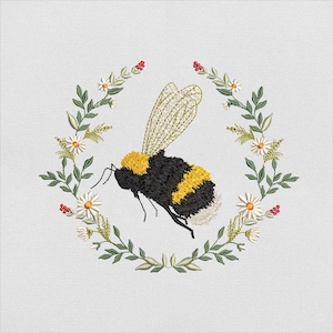Motif de broderie couronne d&#39;abeilles, bourdon entouré de fleurs fichier pour broderie Machine, téléchargement immédiat, fichier DST PES