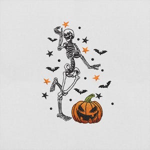 Skeleton Ballerina Embroidery Design, Halloween Dancing Skeleton with Pumpkin File for Machine Embroidery, Instant Download, PES DST File
