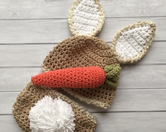 Bunny hat and diaper cover with carrot, newborn tan and white bunny hat, Easter photo prop