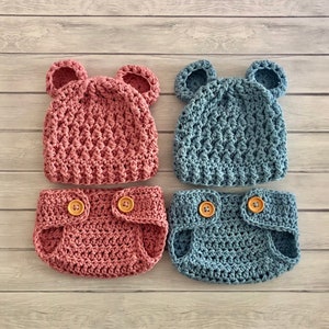 Bear hat and diaper cover, newborn photo prop, crochet pink or blue teddy bear hat, animal theme baby shower or nursey, gift for twins