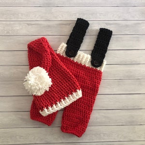 Baby crochet Santa hat and suspenders, newborn photo prop, newborn Christmas hat