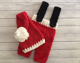 Baby crochet Santa hat and suspenders, newborn photo prop, newborn Christmas hat