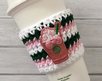 Cup cozy for coffee, crochet coffee sleeve, reusable cup sleeve, pink glitter coffee cozy